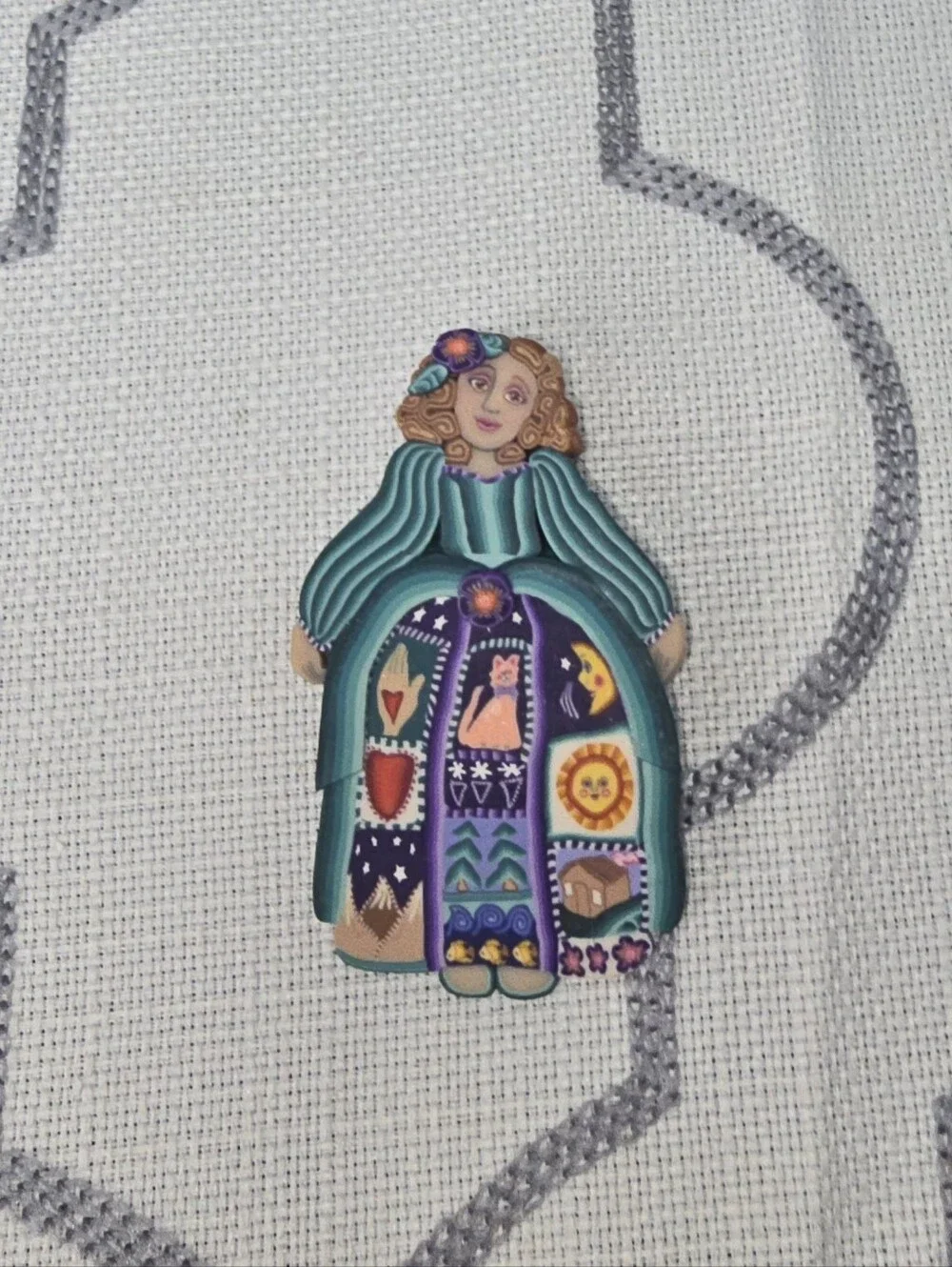 Handmade Folk Art Woman Brooch Polymer Clay Millefiori Quilt Design Whimsical